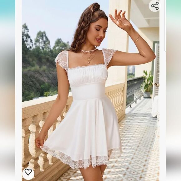 Women's Satin Lace Strap Mini Dress Square Neck Flowy A-Line Ruffle Swing Casual - Picture 1 of 15